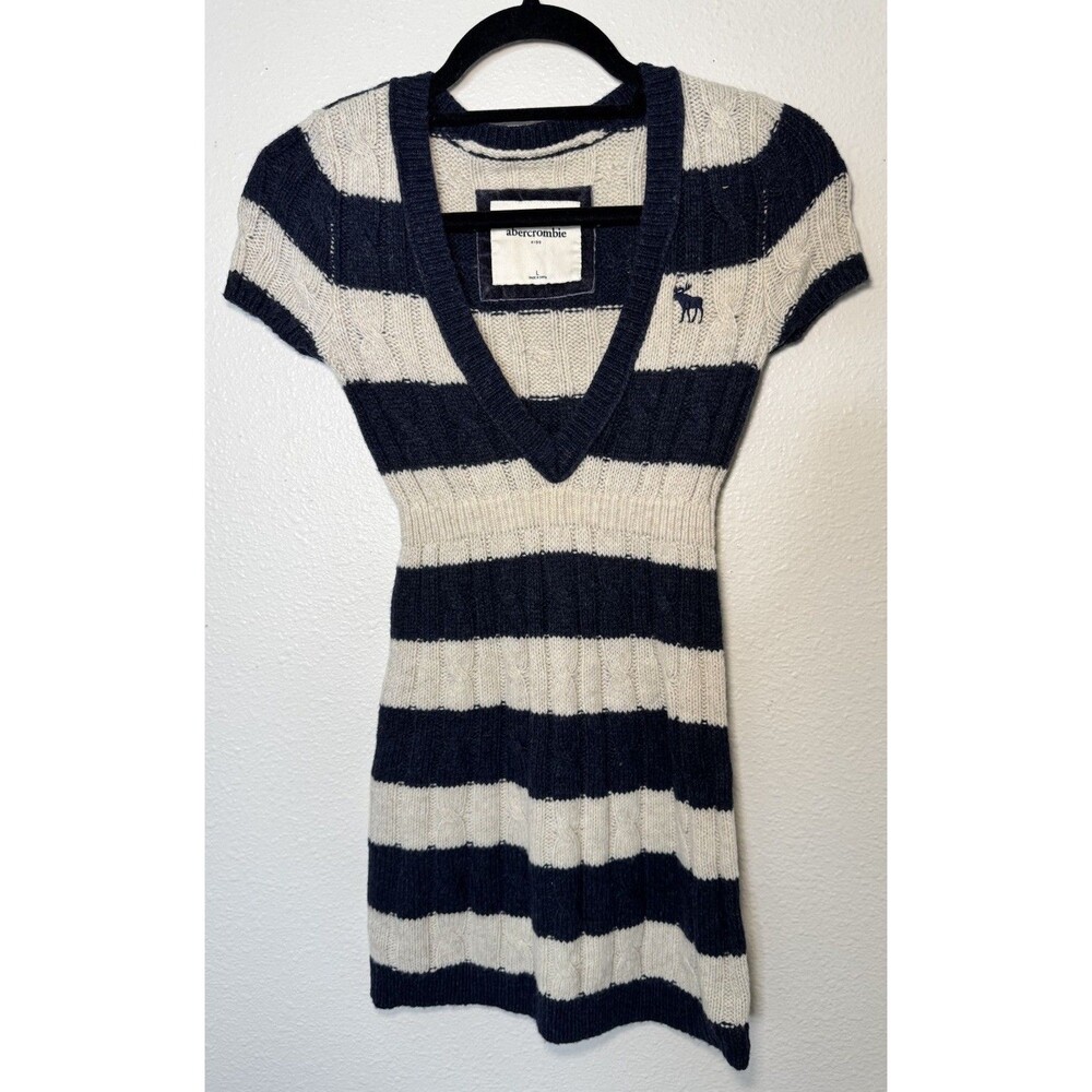 Abercrombie Kids SweaterDress Girl Navy Ivory Striped Cable Knit Wool Blend Sz L